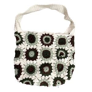 Crochet Granny Square Floral Handmade Tote Shoulder Bag Purse Earth Tone Boho